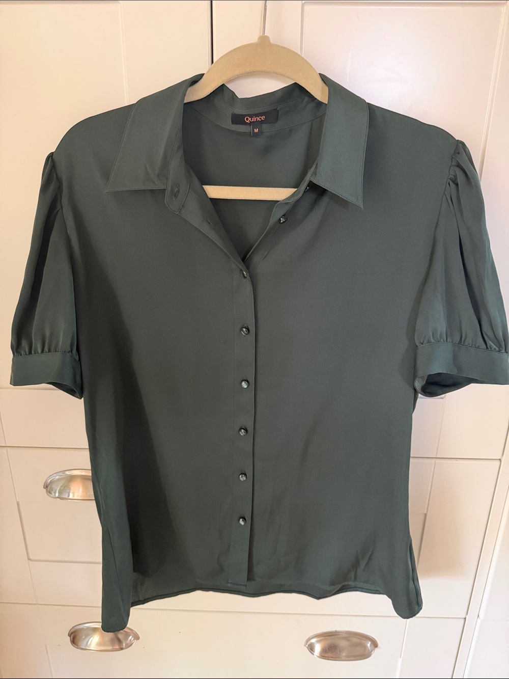 Quince Dark Green Short Sleeve Button-Front Blouse